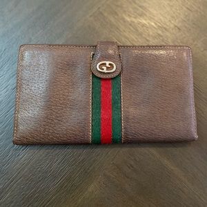 Gucci Brown Leather Wallet with Green and Red Web Stripe and Gold GG